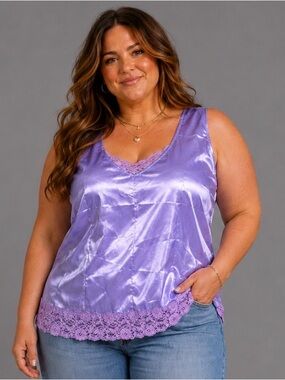 Vintage Y2K Denim 24/7 Womens Plus Size 20W Purple Satin Lace-Trim Tank Top